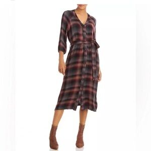 Bella Dahl Burgundy and Black Plaid Maxi Shirt Dress